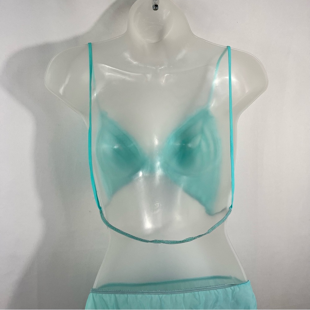 Vintage 1960s Tiffany Blue Mesh Ruffle Nightie Sleep Set Lingerie Peignoir Set - Picture 6 of 11